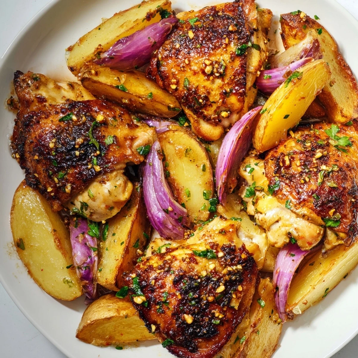 Sheet pan of Greek Lemon Chicken and Potatoes: featuring tender chicken thighs and potatoes glistening after roasting.