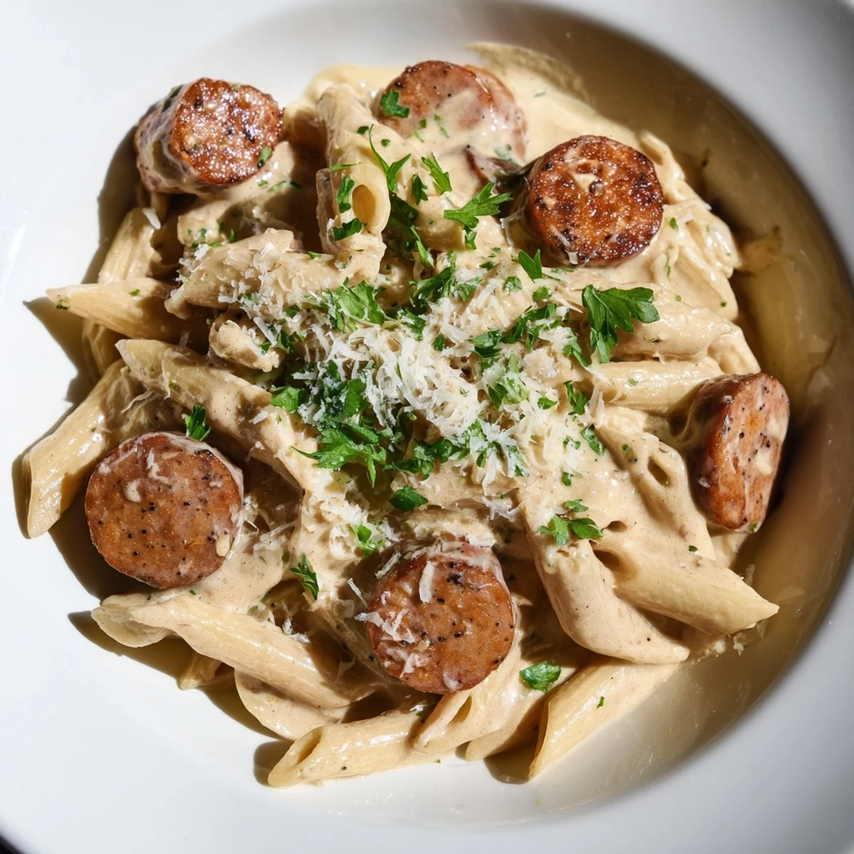 Steaming plate piled high with Cajun Spiced Smoked Sausage Alfredo, ready for a delicious dinner.