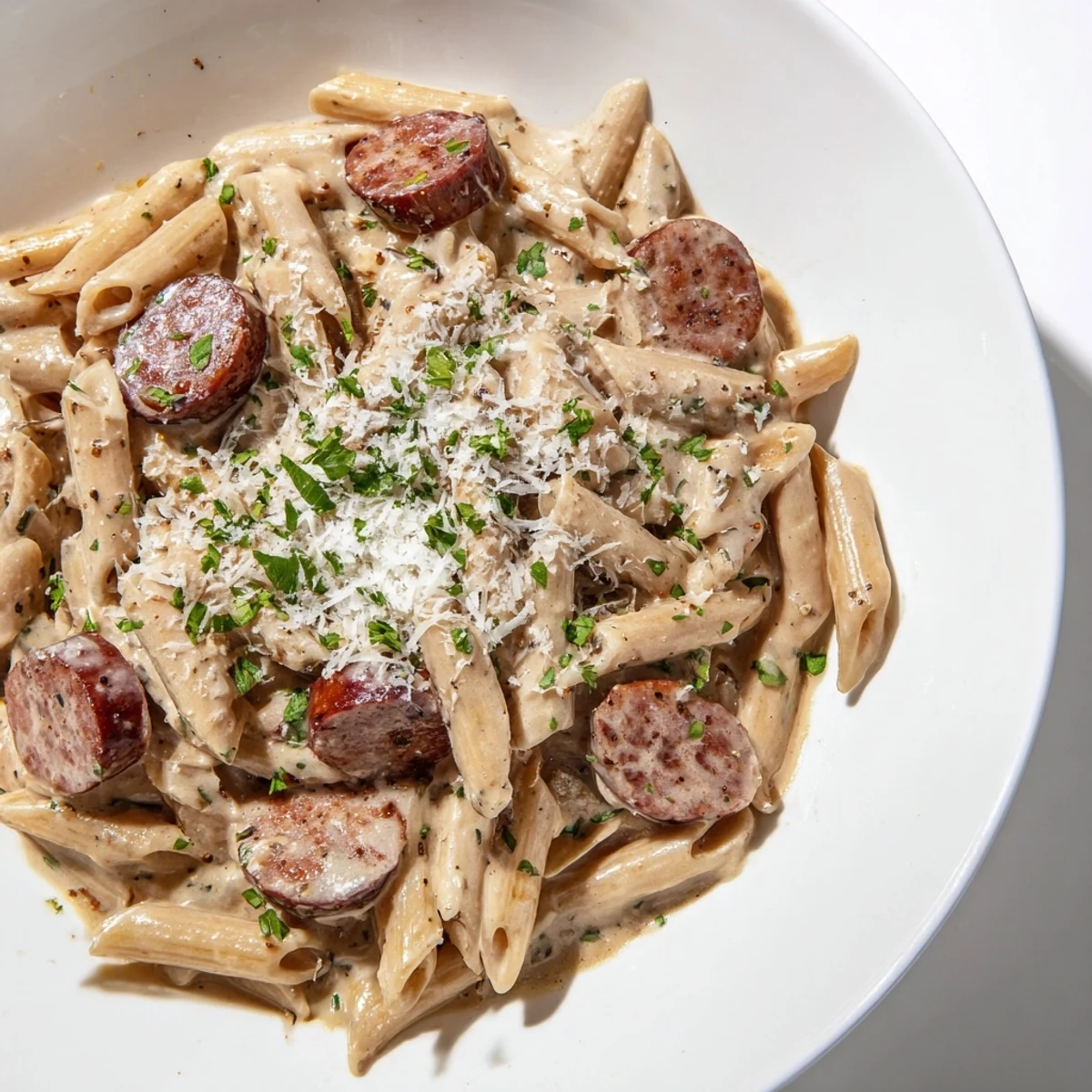 A beautiful bowl with fresh parsley garnish, presenting a comforting Cajun Spiced Smoked Sausage Alfredo.
