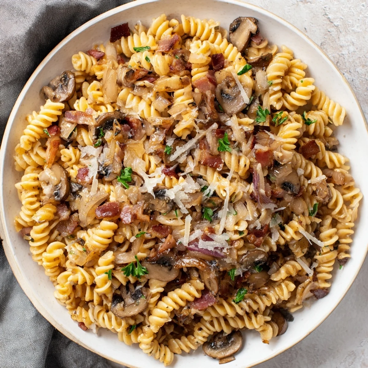 Savor the flavors of this fusilli with bacon, onions, and mushrooms, a satisfying Italian meal.