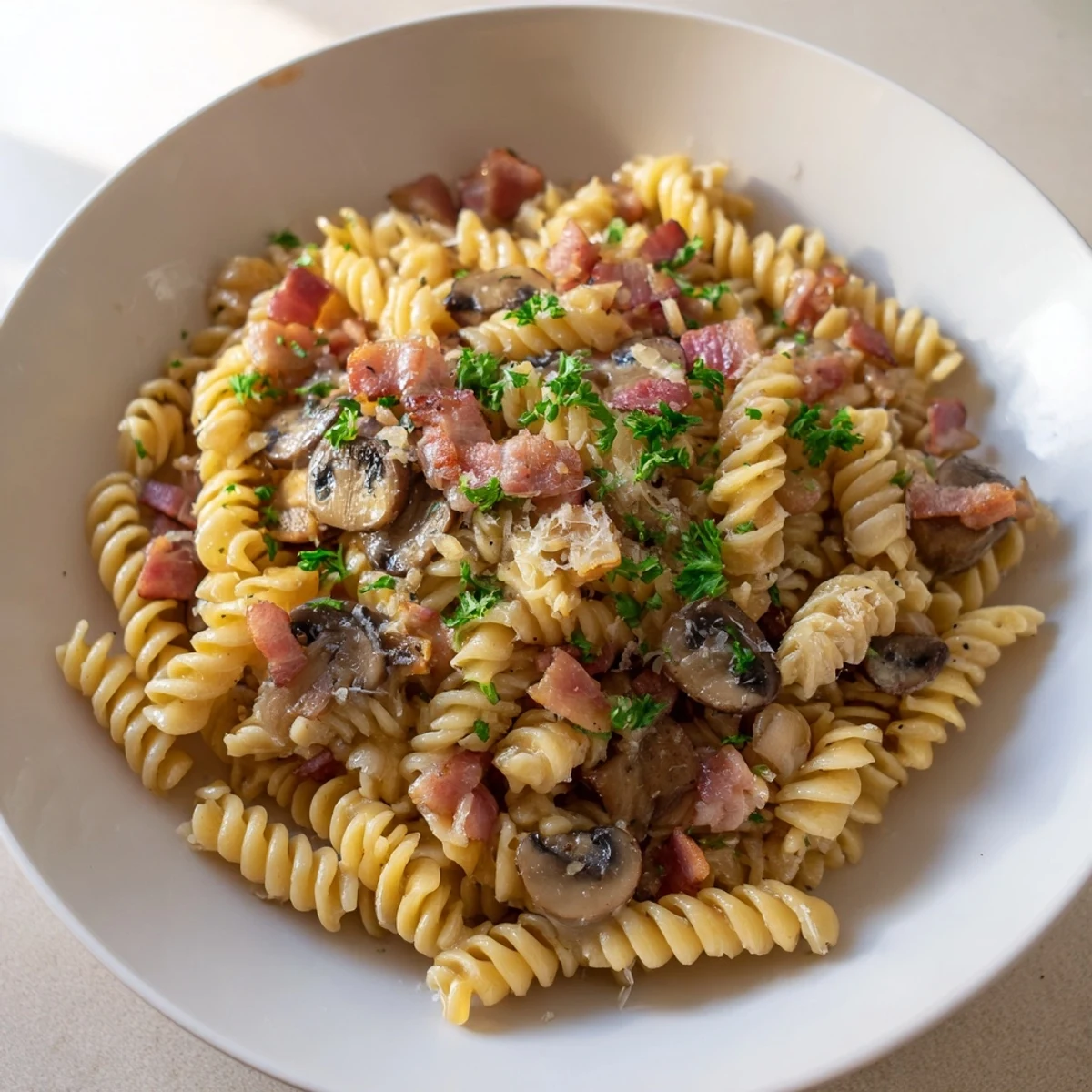 This delicious fusilli with bacon, onions, and mushrooms recipe features sauteed mushrooms and Parmesan.