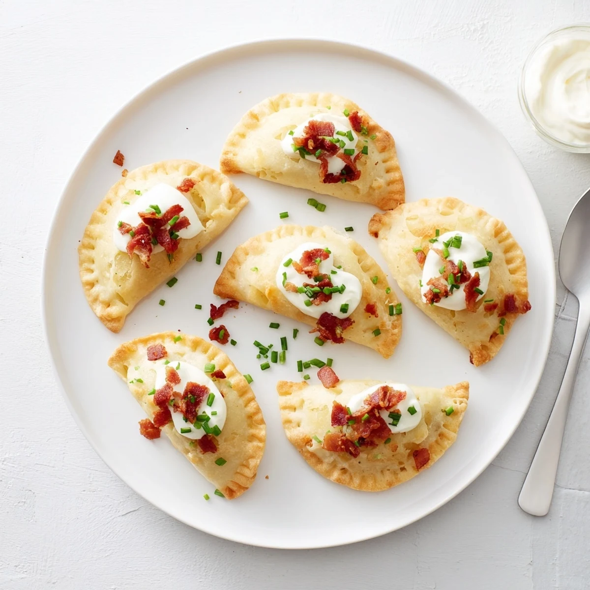 Close-up shot shows a perfectly sealed Loaded Baked Potato Soup Dumpling, filled with savory potato and bacon.