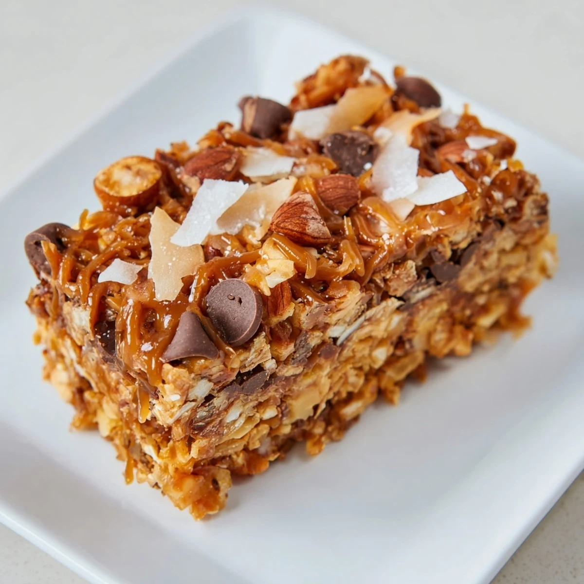 Chewy 7-Layer Magic Bars topped with decadent sea salt caramel, a perfect close-up shot of the baked bars.