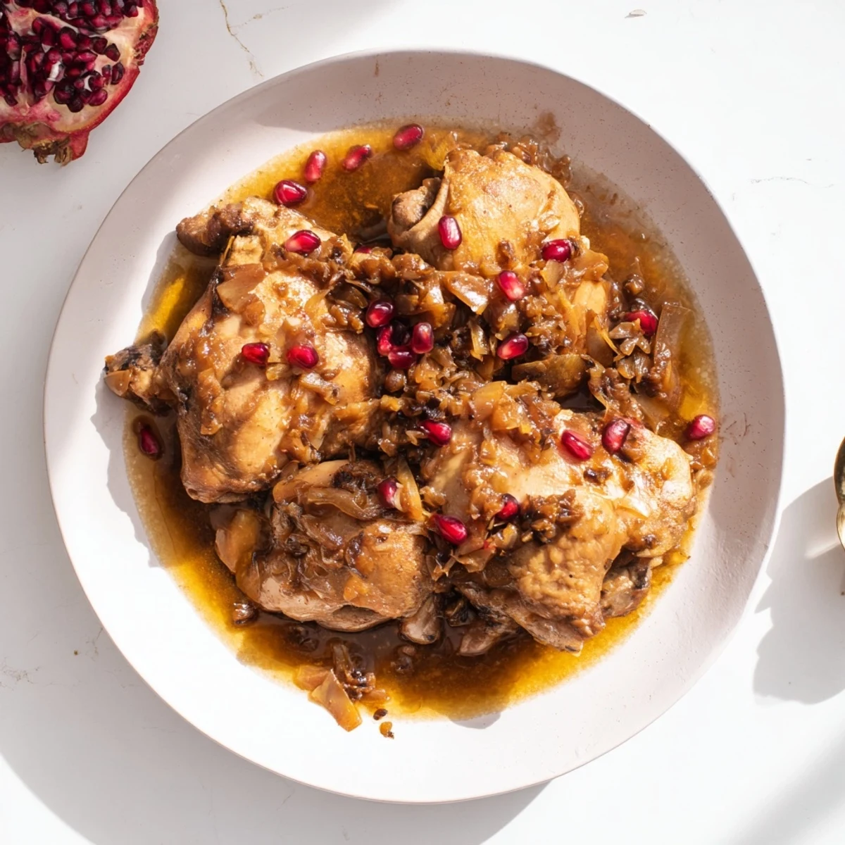 Budget Fesenjan Stew with succulent chicken thighs coated in a rich, dark sauce, ready for serving.