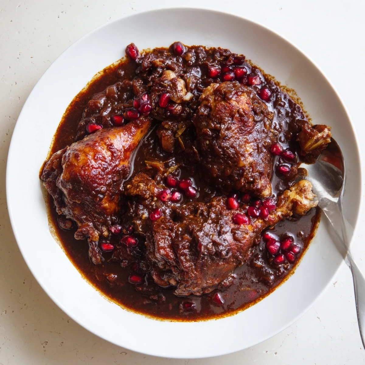 A close-up of Budget Fesenjan Stew, showcasing tender chicken in a glistening, flavorful walnut and pomegranate sauce.