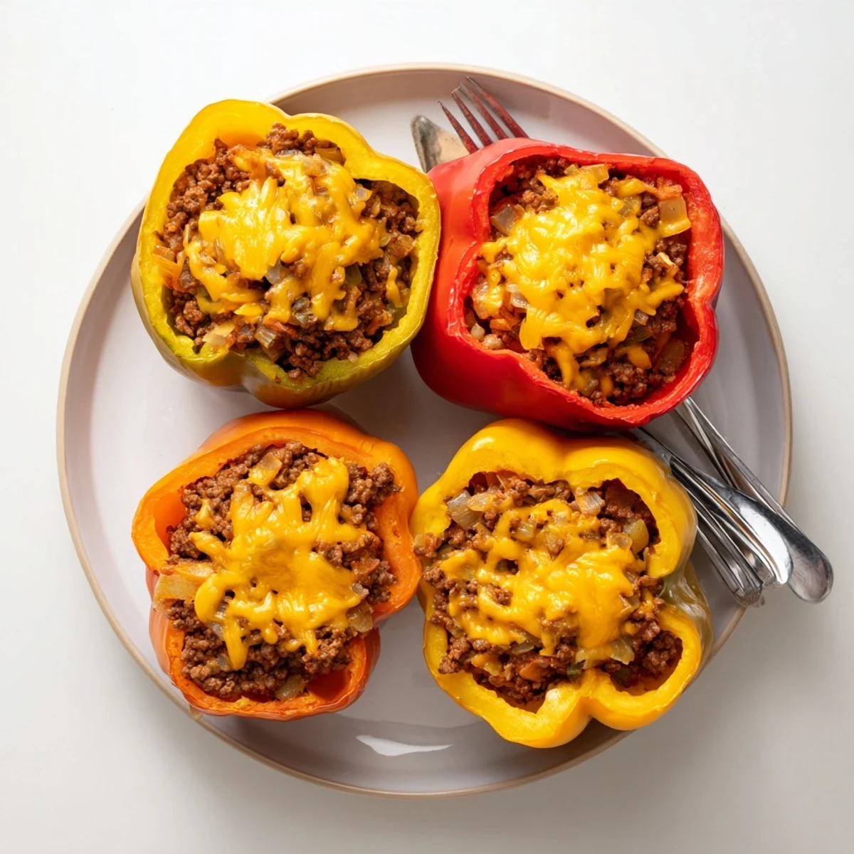 Sloppy Joe Stuffed Bell Peppers overflowing with savory beef and bubbly cheddar cheese, ready to enjoy.