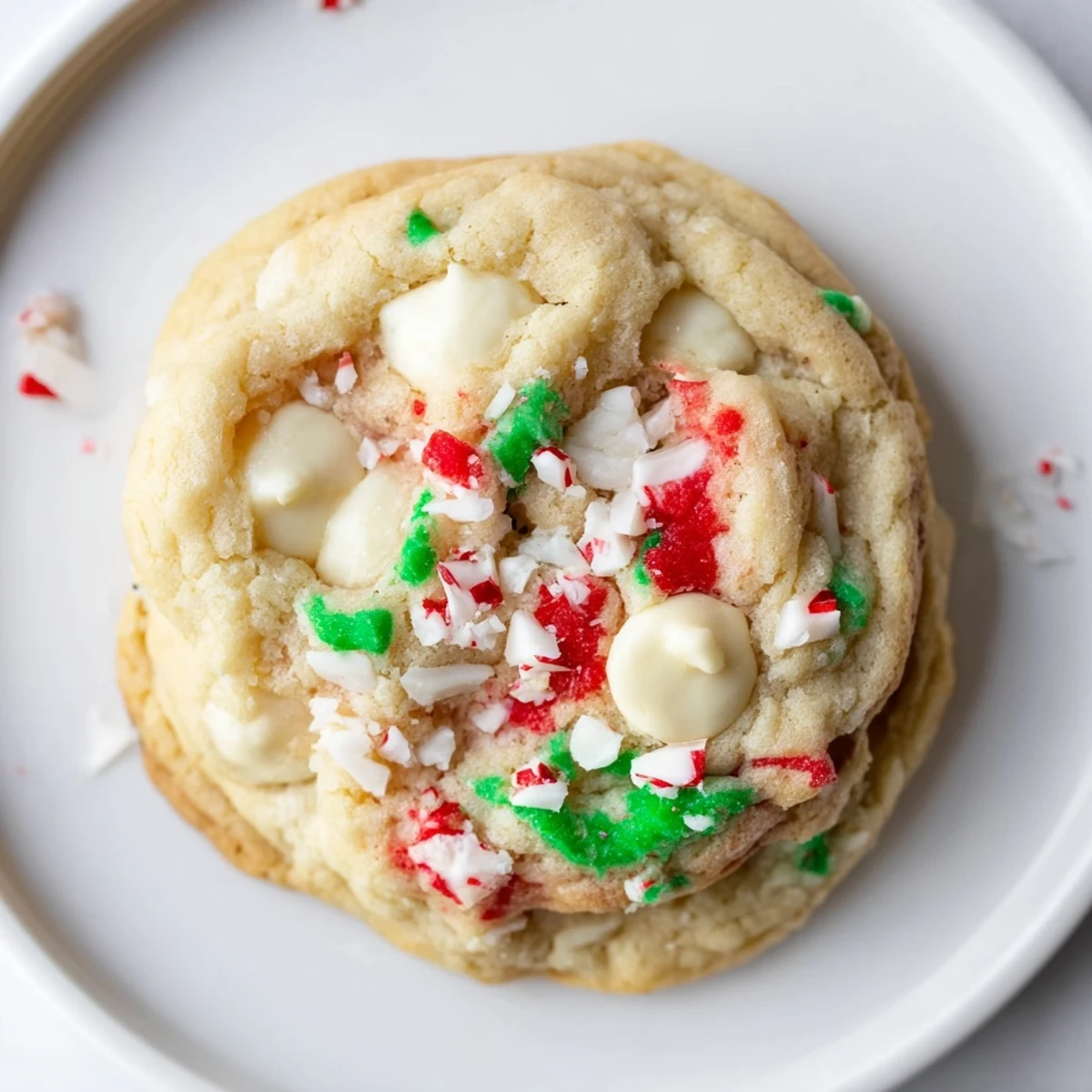 Soft and chewy White Chocolate Peppermint Bark Cookies, sprinkled with festive peppermint candy crumbles.