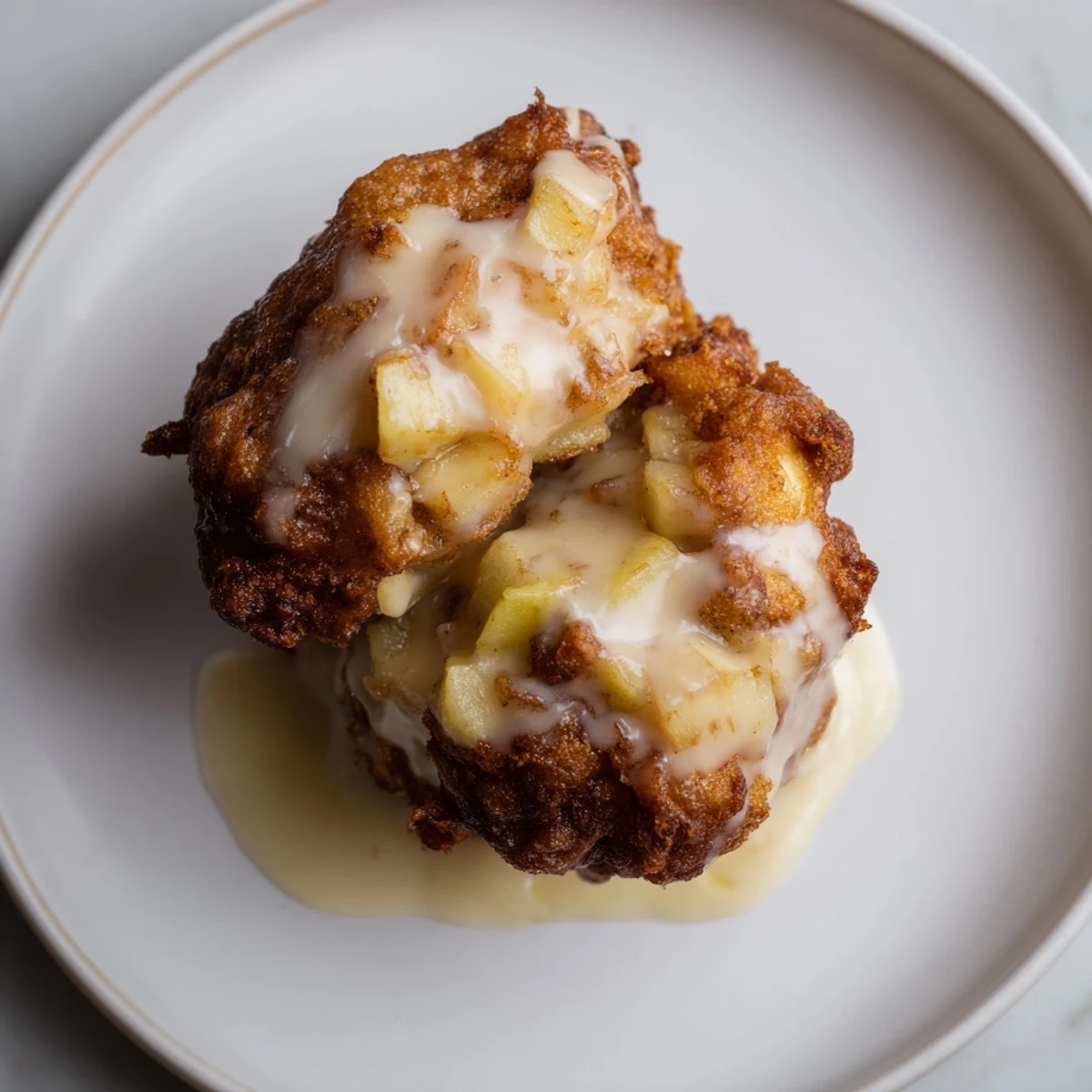 Golden-brown homemade apple fritters, fried to crispy perfection, are drizzled with sweet glaze.
