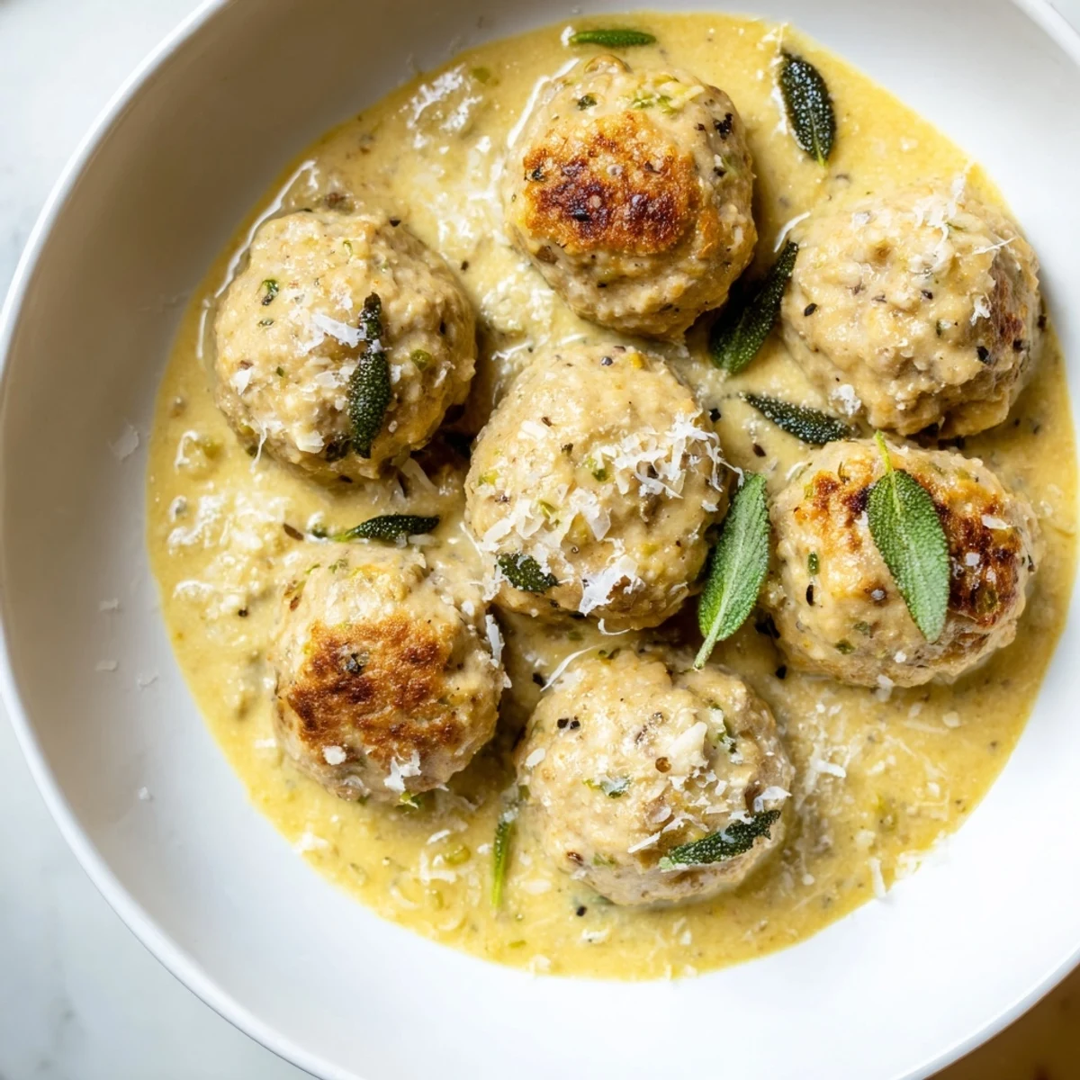 A close-up of tender Easy Turkey Meatballs in Pumpkin Sage Sauce, ready to be served over pasta.