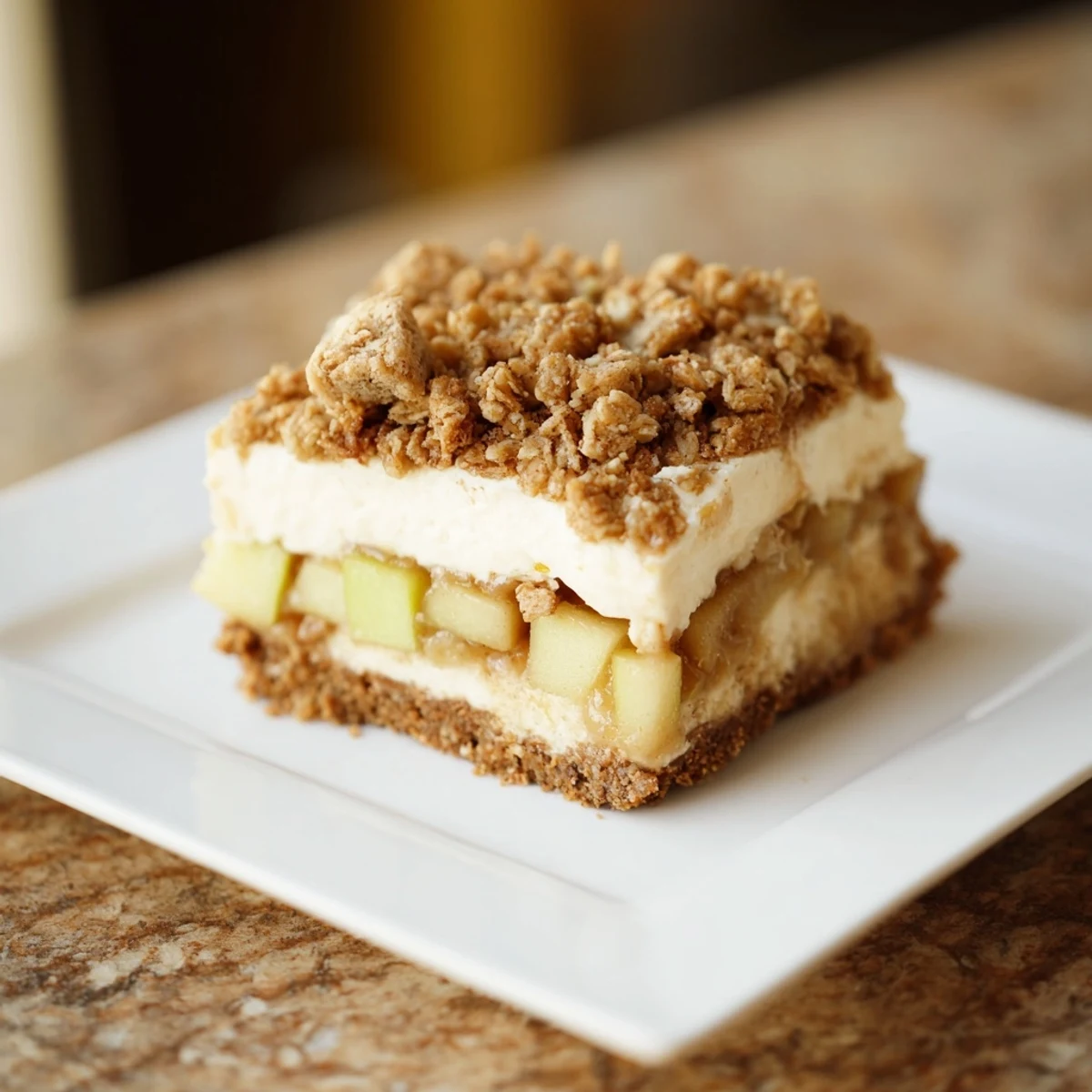 Warm, golden Apple Crisp Cheesecake Bars, a delightful dessert with cozy apple and creamy textures.