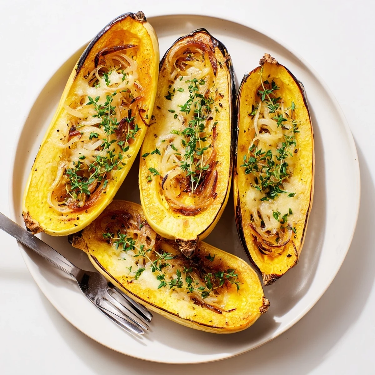 Golden, bubbling Caramelized Onion Gruyere Squash, a vegetarian delight, ready to be devoured.