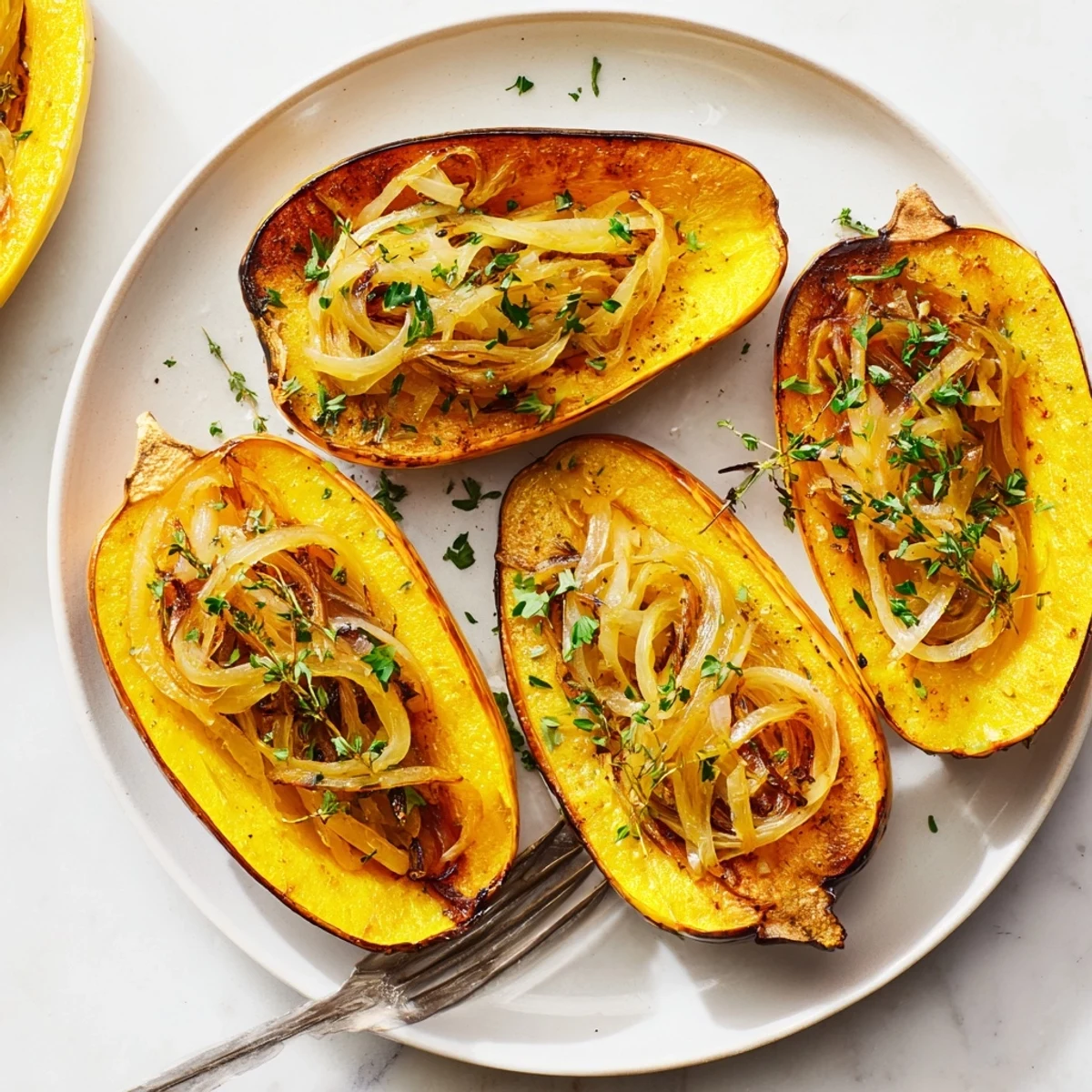 Melted Gruyere covers the tender Caramelized Onion Gruyere Squash, a flavorful main dish with fresh herbs.