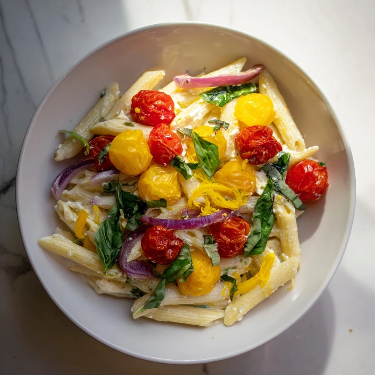 One-Pan Baked Feta Christmas Pasta, bursting with red tomatoes, creamy feta, and herbs.