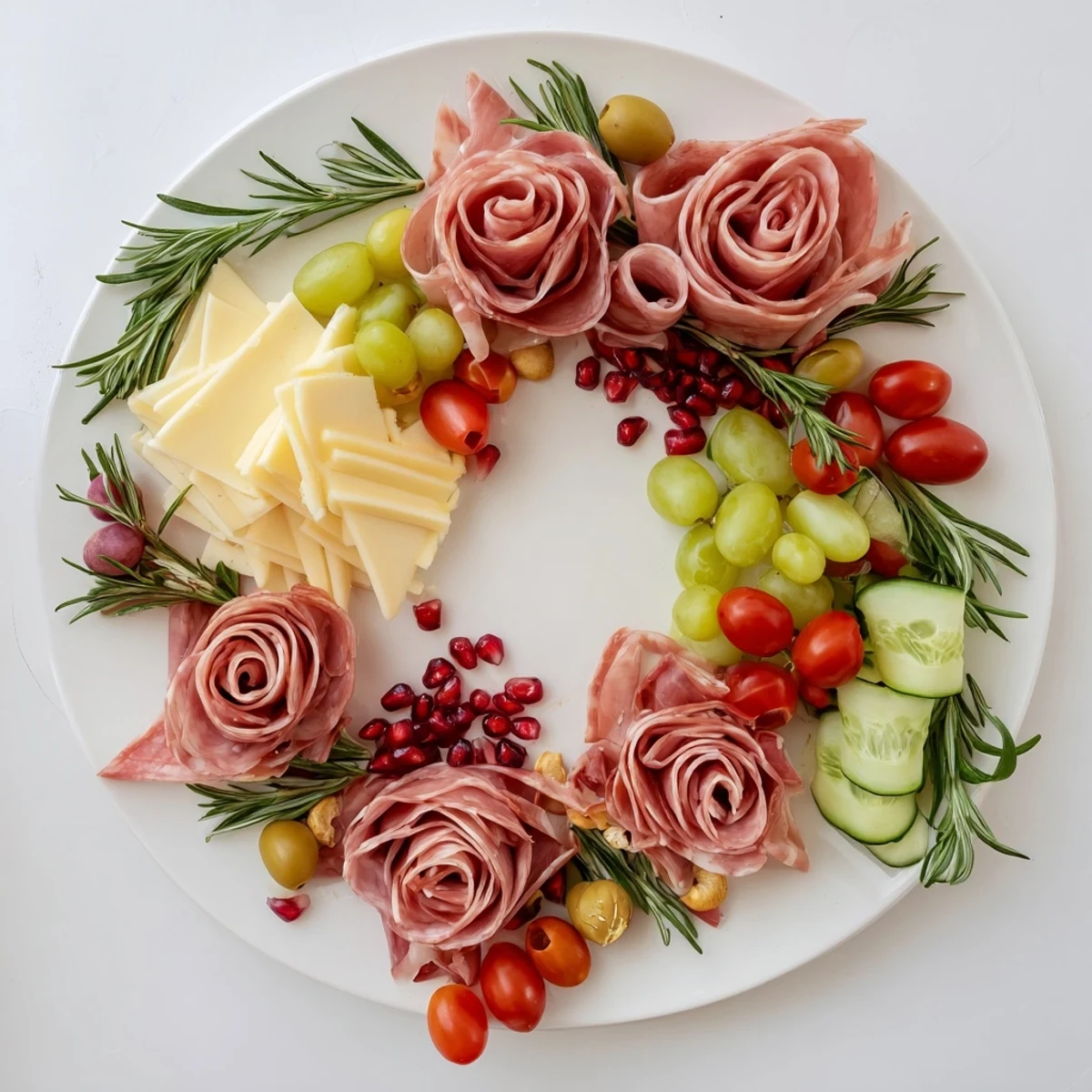 Quick Christmas Charcuterie Wreath Board overflowing with cheeses, meats, and vibrant fruits, ready to serve.