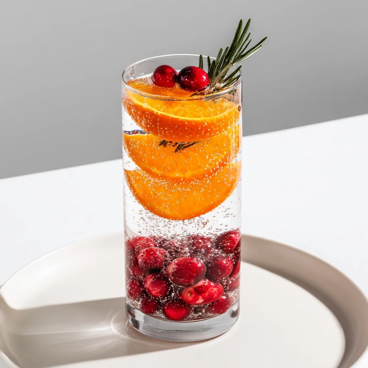 Chilled snow globe mocktail, sparkling with floating cranberries, perfect for a non-alcoholic holiday treat.