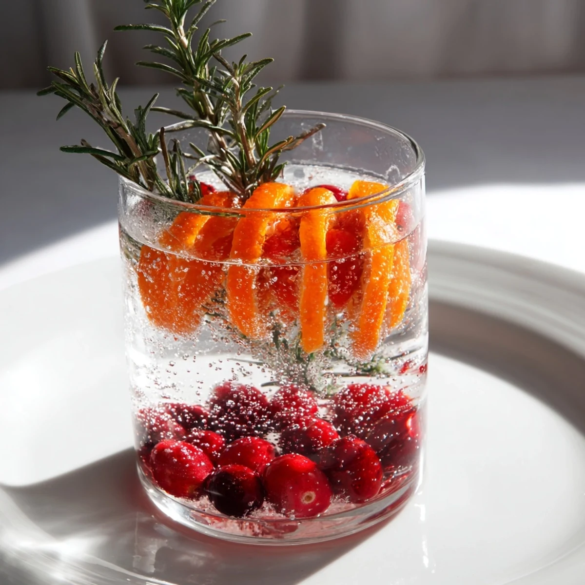 Close-up of a refreshing snow globe mocktail, showcasing floating cranberries and a hint of winter's charm.