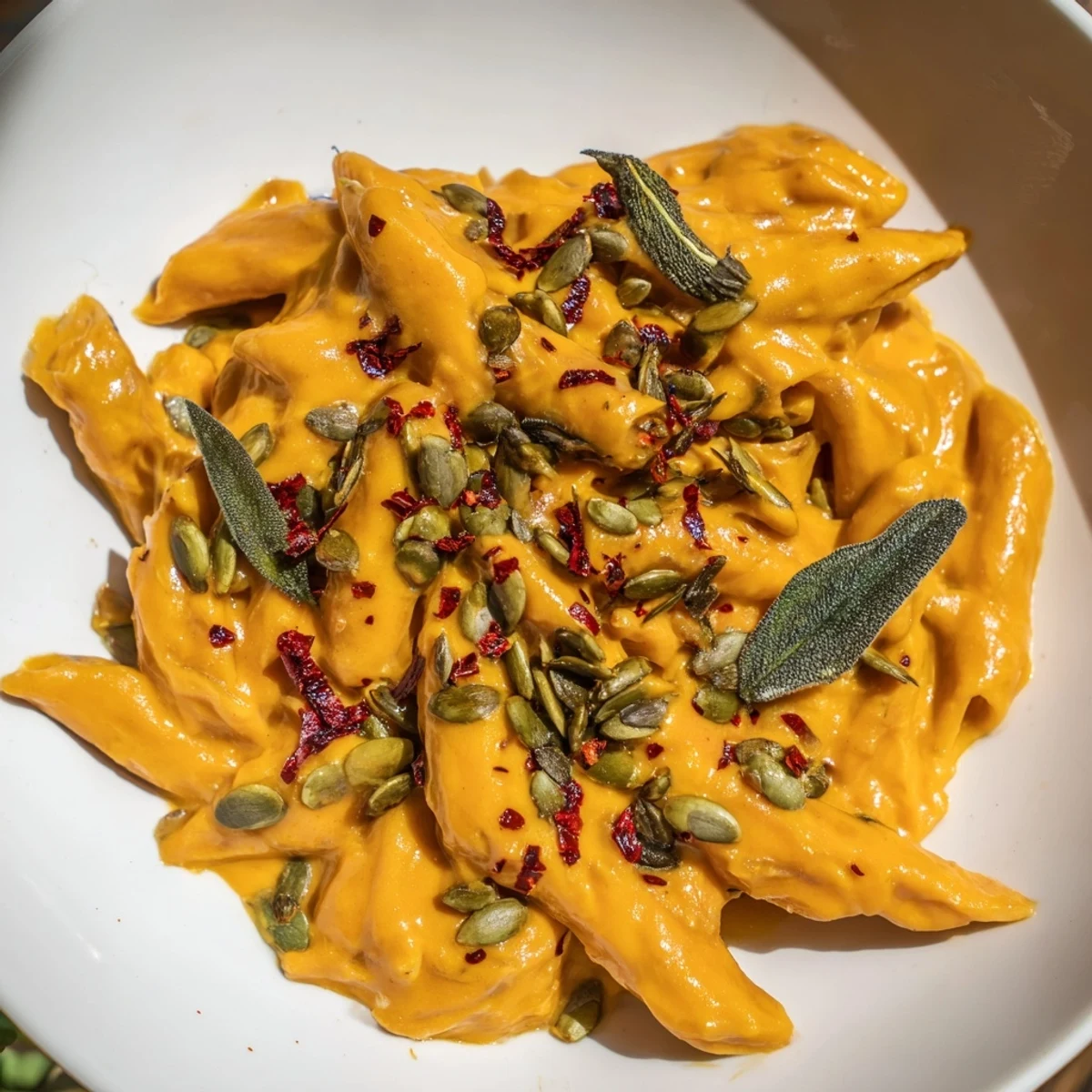 Cozy autumn Vegan Creamy Pumpkin Pasta, a comforting dish with a velvet-smooth pumpkin sauce.