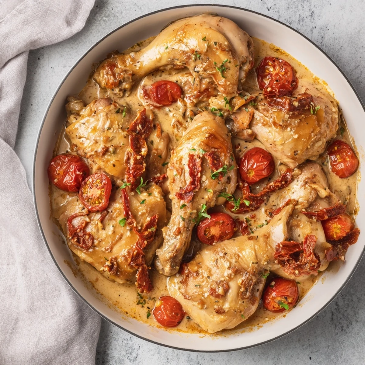 A beautiful close-up of the delicious Marry Me Chicken Thighs, garnished with fresh basil for dinner.
