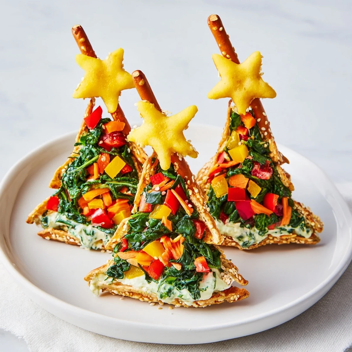 Crispy Air Fryer Christmas Tree Veggie Tortilla Wraps loaded with colorful veggies and cheese, perfect for a fun appetizer.