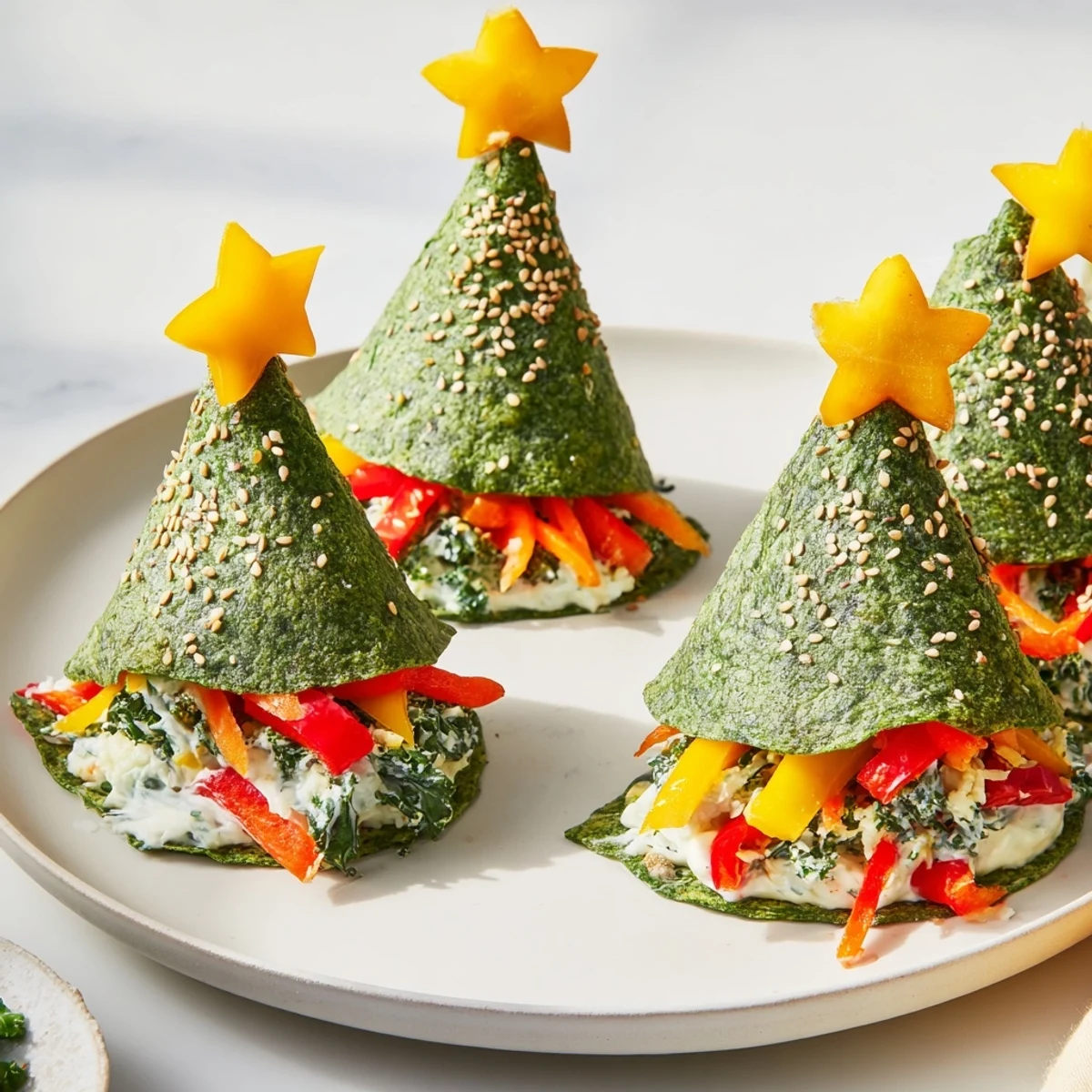 Golden, air-fried Air Fryer Christmas Tree Veggie Tortilla Wraps, shaped like festive trees, filled with fresh vegetables, ready to eat.