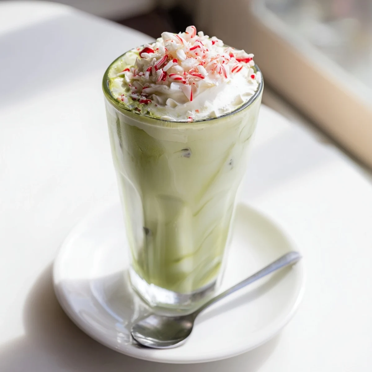 Enjoy a festive Sugar-Free White Chocolate Candy Cane Iced Matcha, perfect for the holidays with mint.