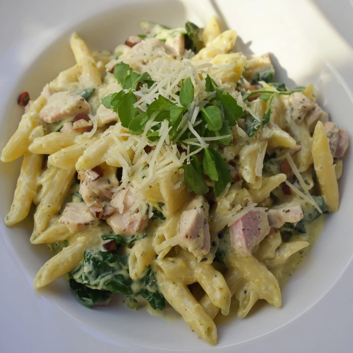 A close-up of One-Pot Creamy Spinach & Turkey Christmas Pasta, creamy sauce highlights the colorful ingredients.