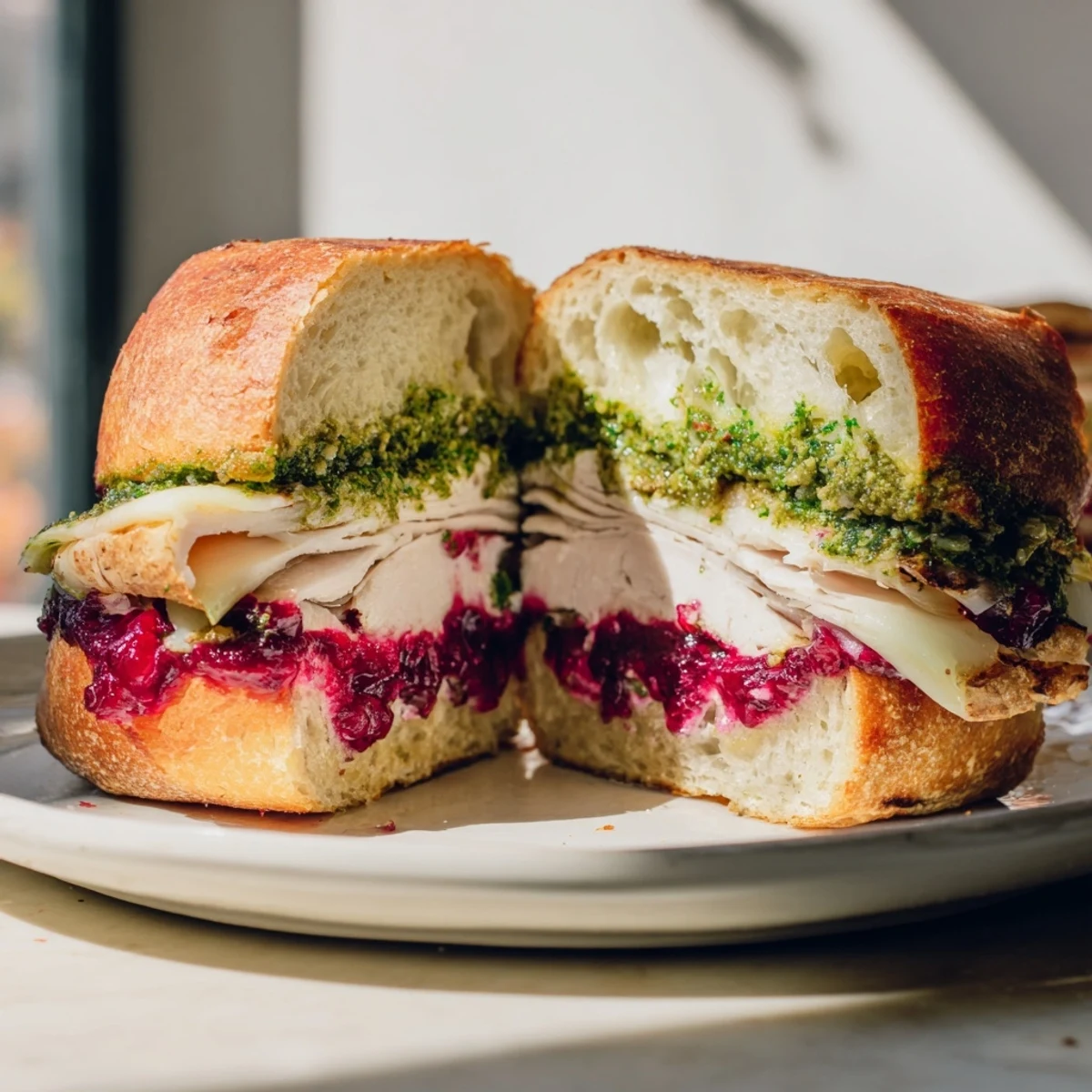 Warm, creamy Pesto Cranberry Turkey Grilled Cheese, featuring toasty bread and juicy turkey inside.