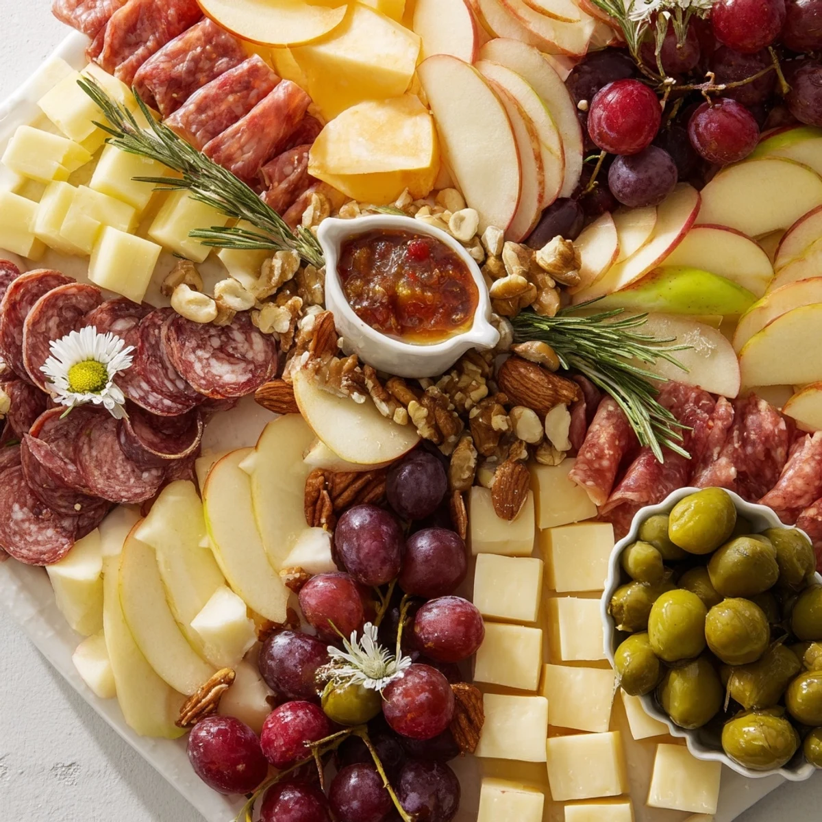 A vibrant star-shaped appetizer board overflowing with cheeses, meats, fruits, and the delicious star-shaped arrangement.