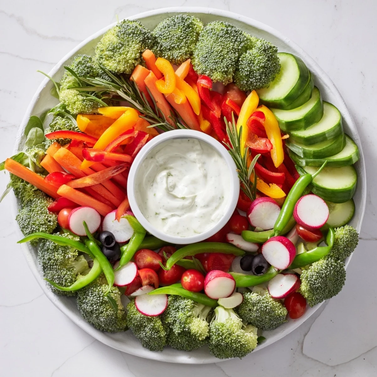 Beautiful wreath veggie dip platter: a stunning arrangement of crunchy veggies and creamy ranch, ideal to serve.