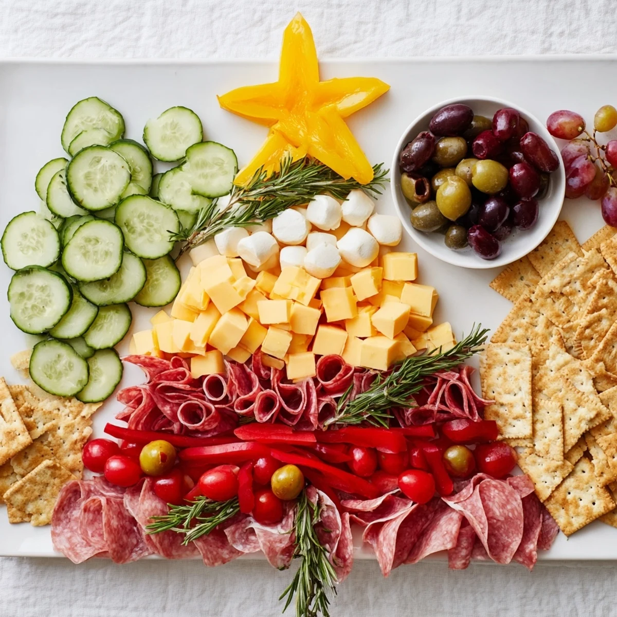 This loaded Christmas Tree Snack Board features a star-topped arrangement of delicious appetizers perfect for sharing.