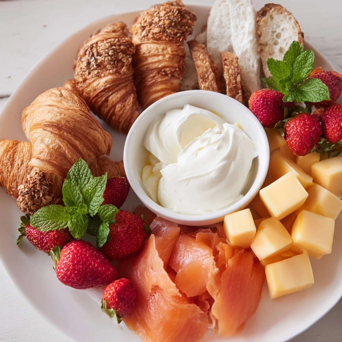 Gift Box Brunch Board overflowing with fresh fruits, cheeses, and mini croissants, a delicious spread.
