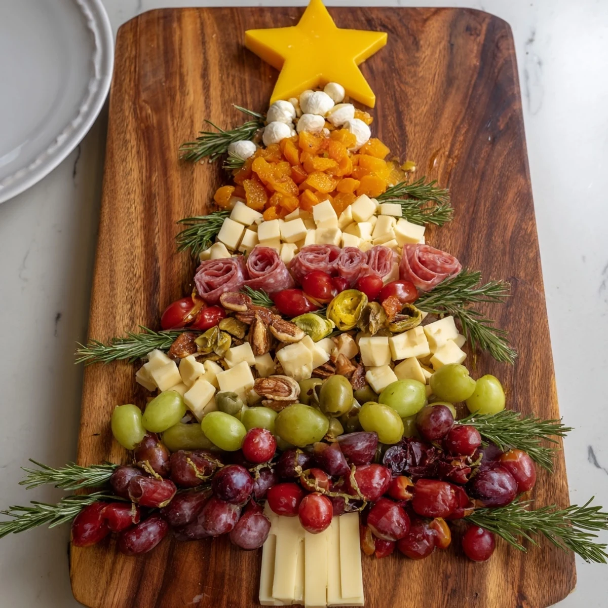 A Christmas Tree Charcuterie Dream displays colorful cheeses, meats, and fruits shaped as a festive holiday tree.