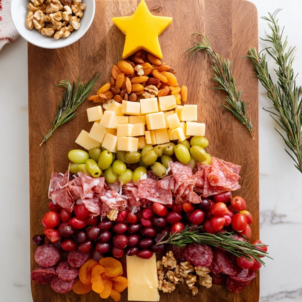 This Christmas Tree Charcuterie Dream features a spread of delicious meats, cheeses, and delightful, seasonal accompaniments.
