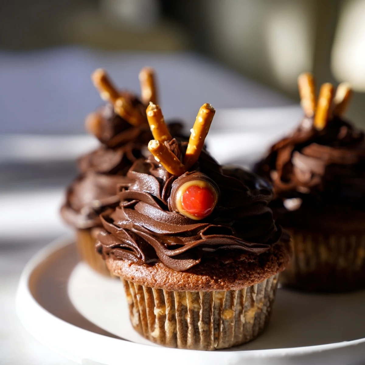 Festive Reindeer Holiday Dessert Platter with chocolate reindeer cupcakes and spiced cranberry mousse, ready to enjoy.