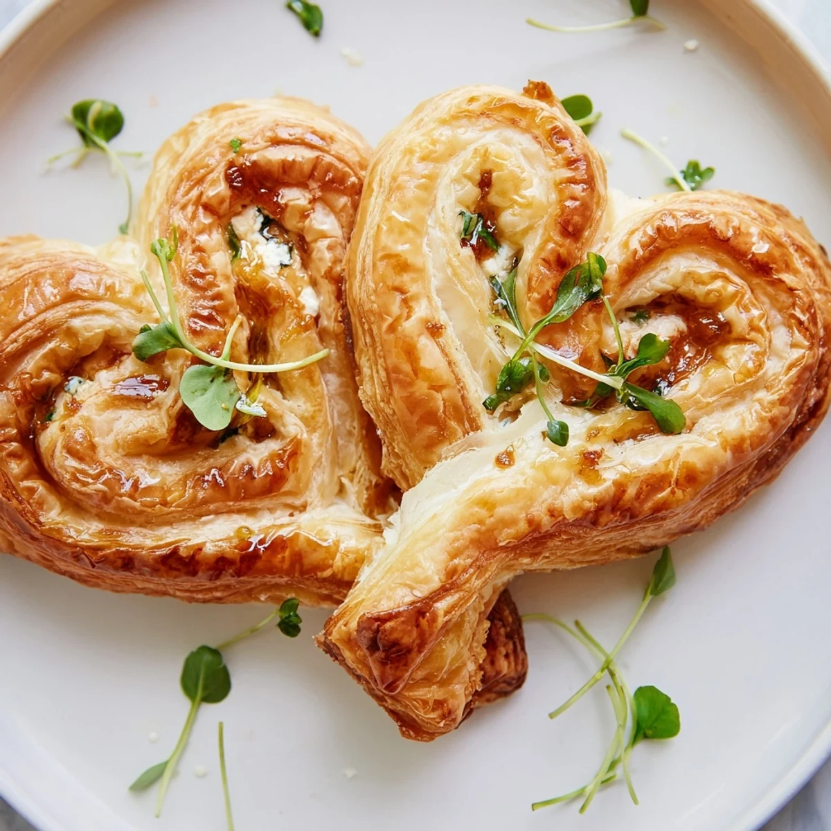Golden, puffed Cœurs Entrelacés filled with creamy goat cheese, ready for a romantic Valentine's Day appetizer.