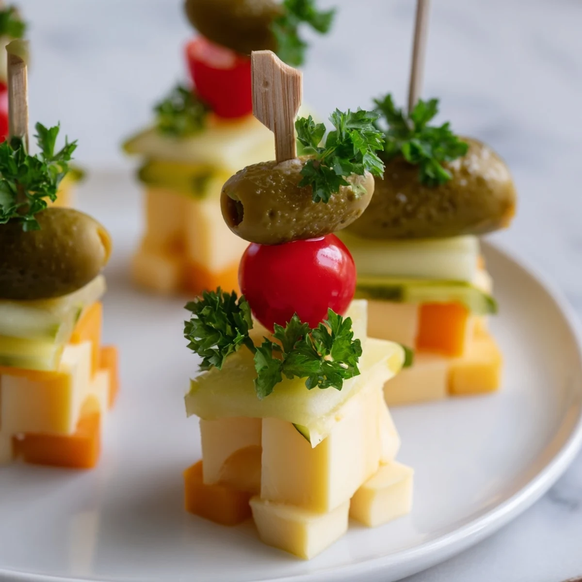 Bright and festive, this Festive Cube Cheese Stack features layers of cheese interspersed with olives and tomatoes.