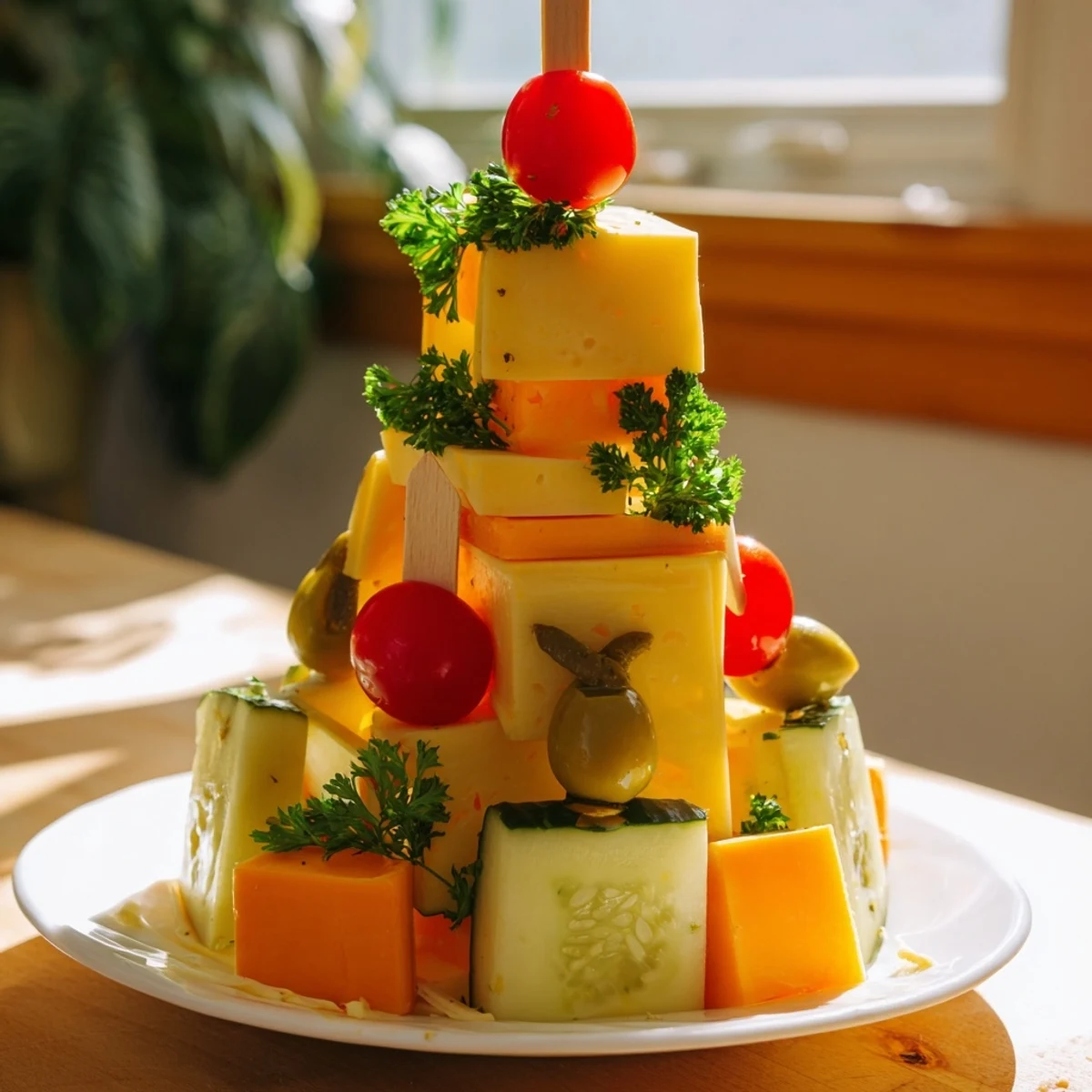 Festive Cube Cheese Stack with vibrant colors and toppings, ready for a delicious holiday appetizer.