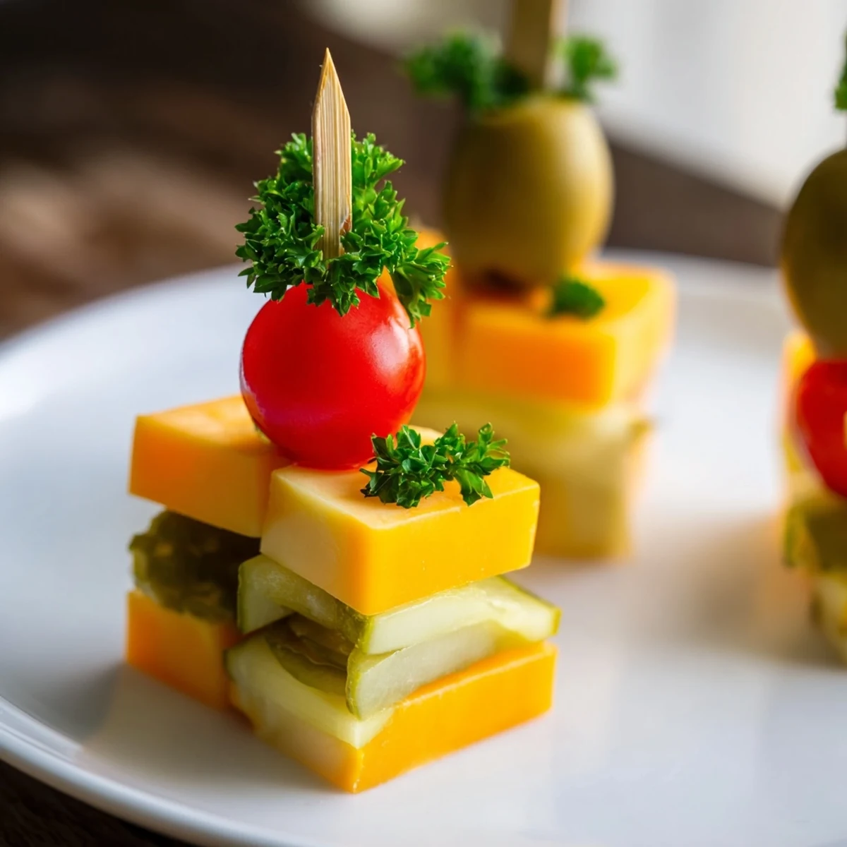 A close-up of a perfectly arranged Festive Cube Cheese Stack, calling out for a tasty bite at your party.