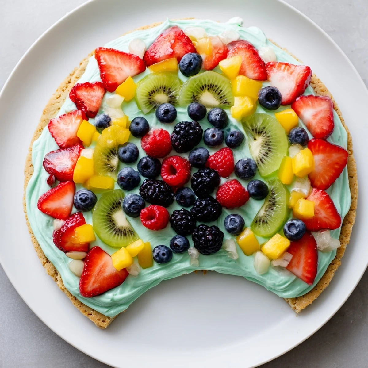 Cool, frosted Under the Sea Mermaid Tail Fruit Pizza with juicy, layered fruit offering a sweet, summery flavor.