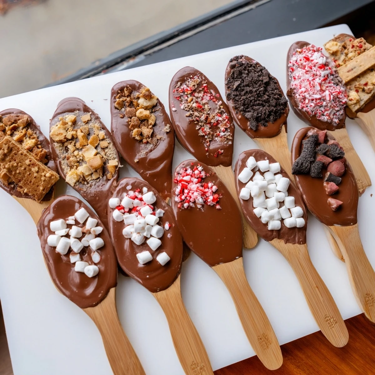A festive Hot Chocolate Spoon Toppings Board with marshmallows and crushed peppermint, perfect for sharing.