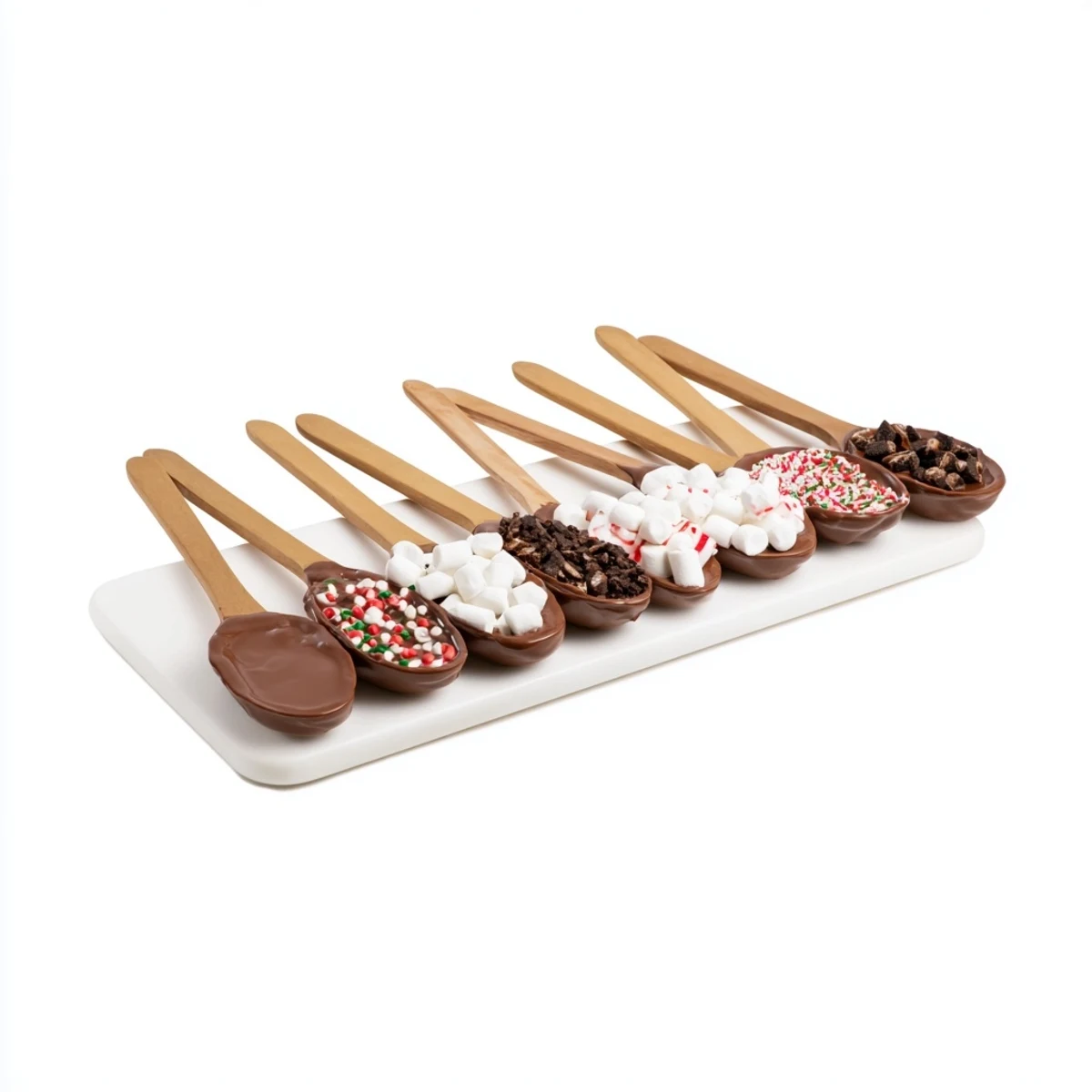 Delightful close-up showcasing a beautifully arranged Hot Chocolate Spoon Toppings Board, ready to dip.