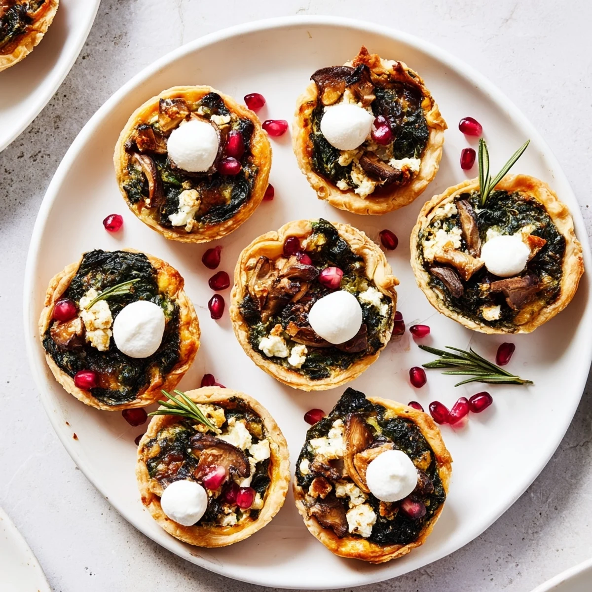 A festive Mini Quiche Holiday Village Board: golden, savory quiches on a decorative holiday platter.