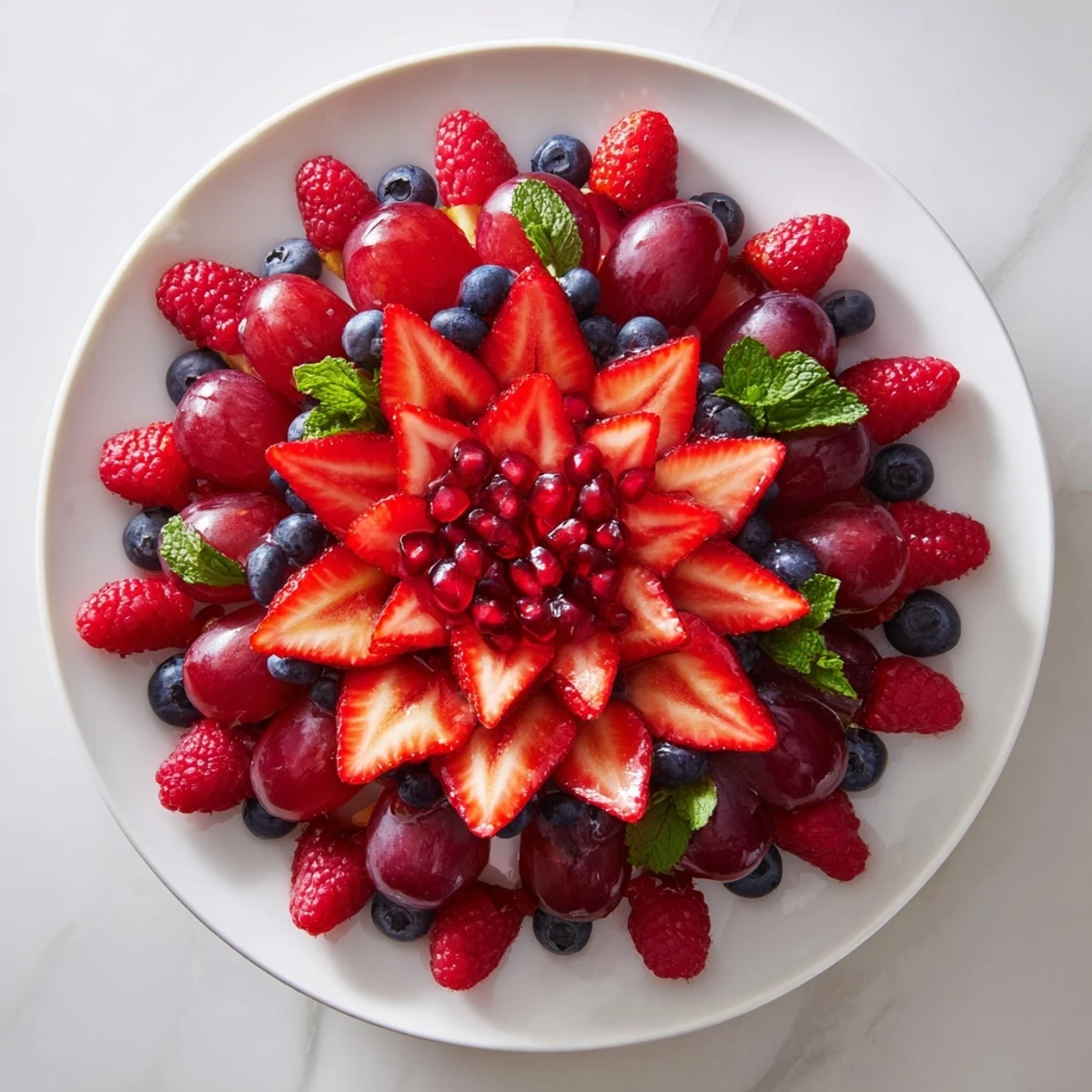 Festive Poinsettia Fruit Bowl featuring vibrant red berries, luscious mango, bursting with a sweet lime dressing.