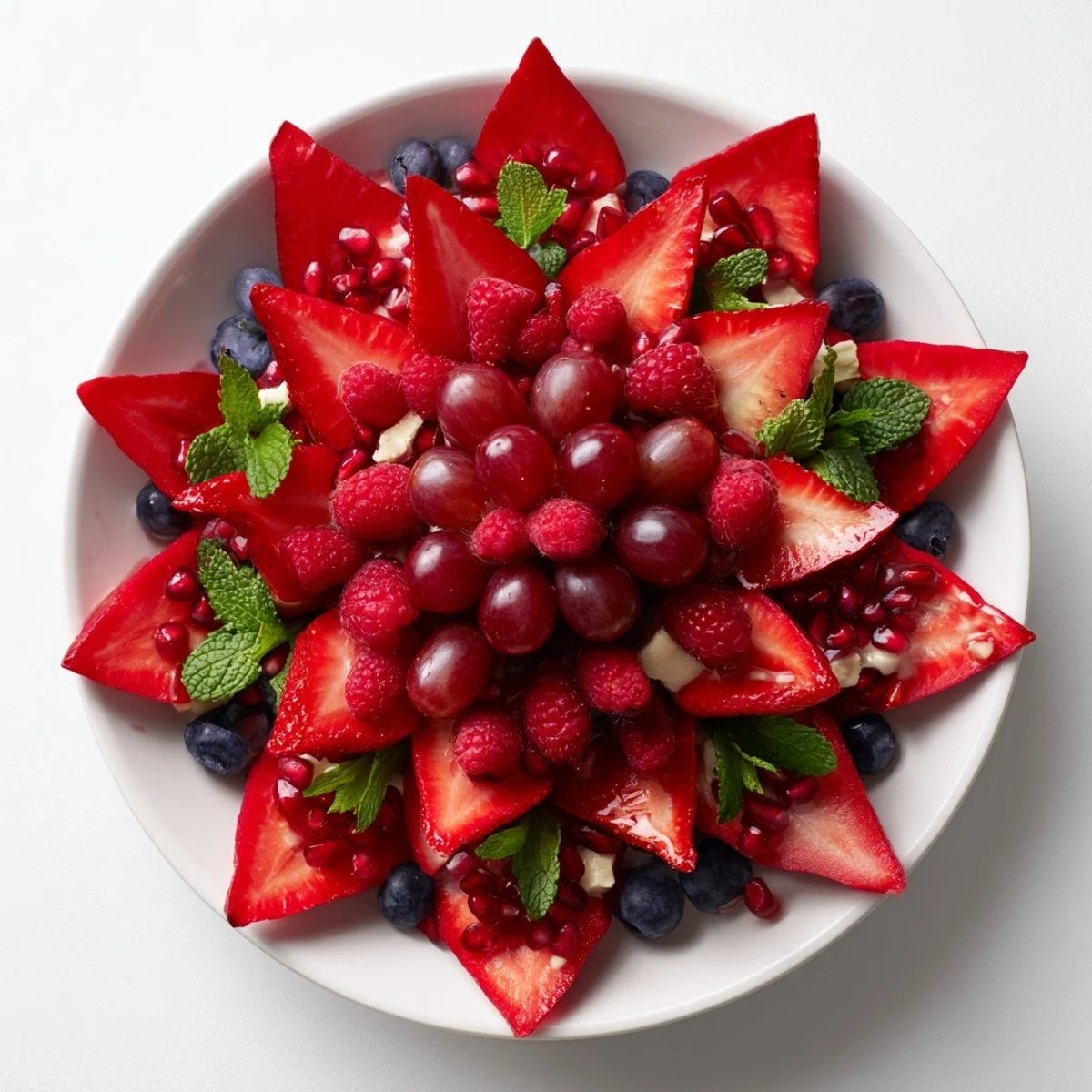 Fresh vibrant fruit artfully arranged as a Festive Poinsettia Fruit Bowl, ready to serve and enjoy.