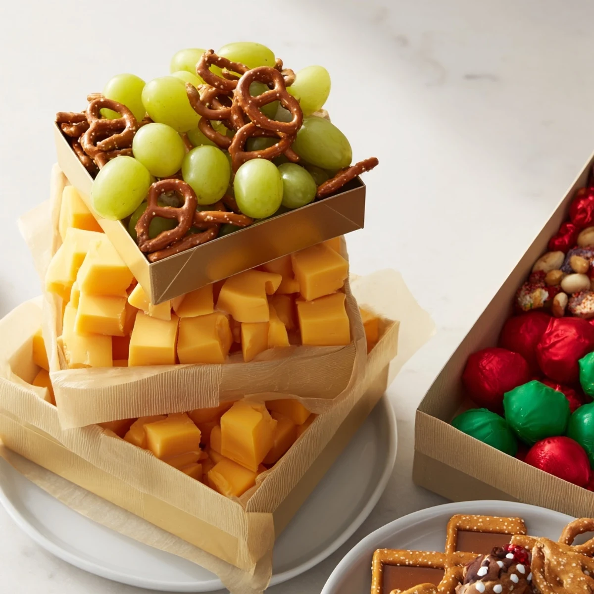 Arrangement of savory and sweet goodies within each Stacked Christmas Gift Snack Tower, ready for serving.
