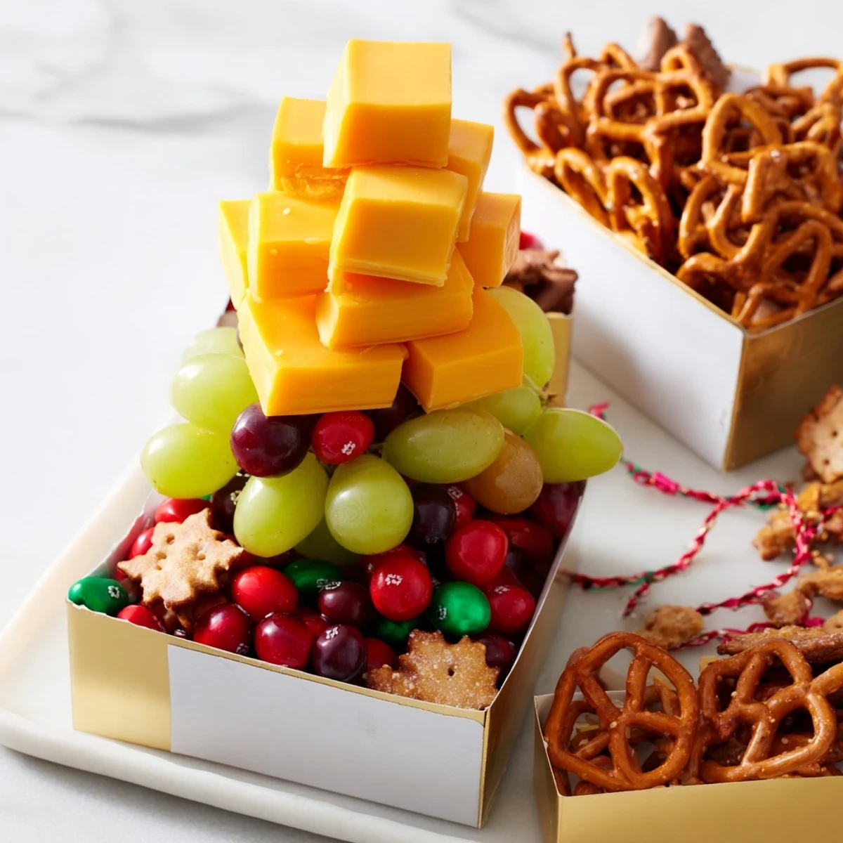Festive Stacked Christmas Gift Snack Tower, showcasing layers of colorful snacks with a bright red bow.