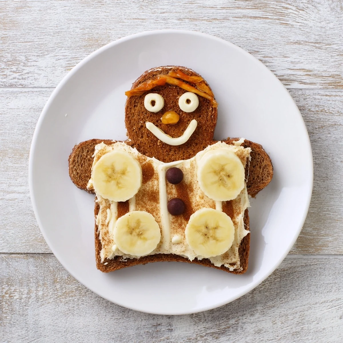 Adorable gingerbread man sandwich cutouts, featuring fruit faces inside soft bread, an easy snack.