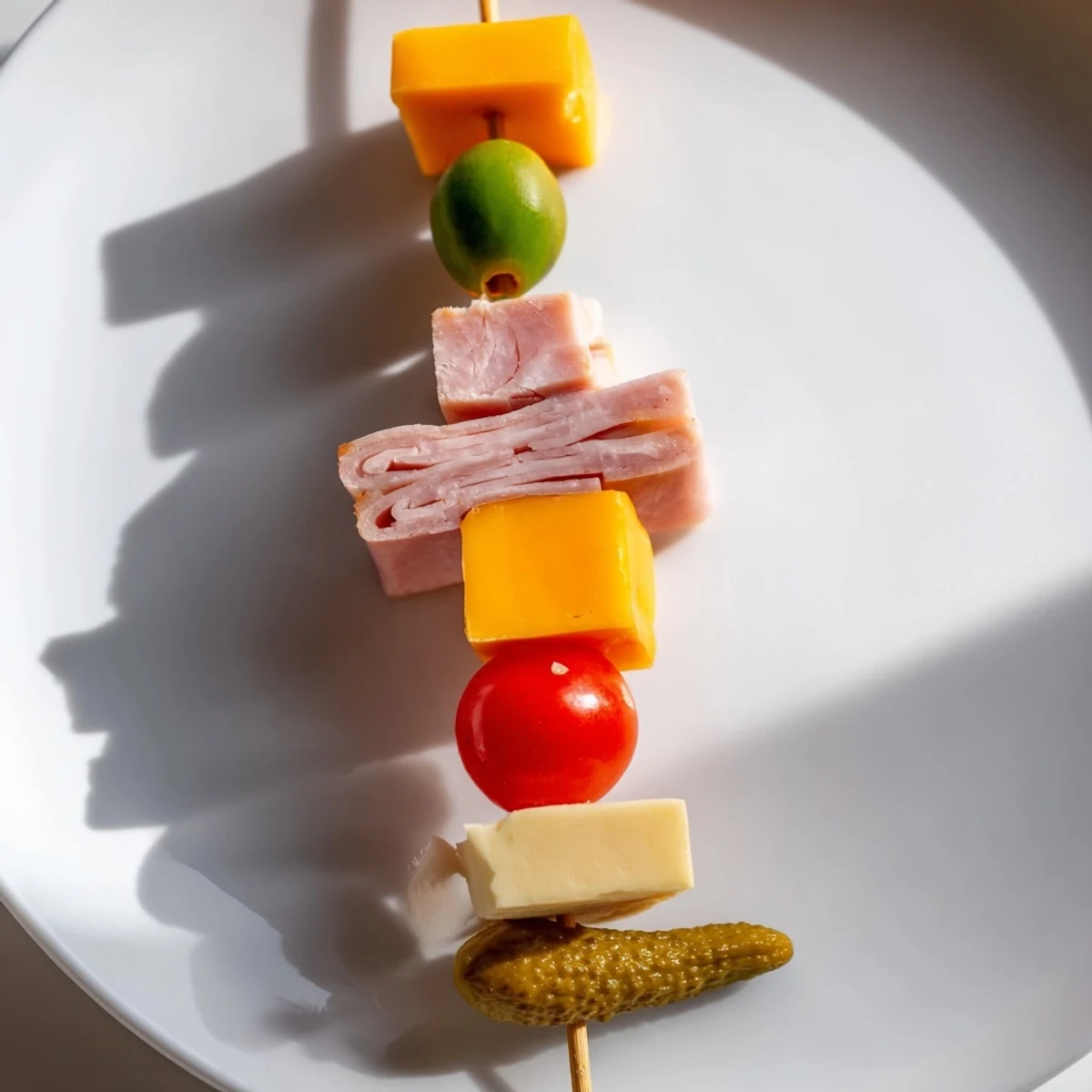 Savory Skewers showcasing vibrant cubes of meat, cheese, and pickle, ready for your bite.
