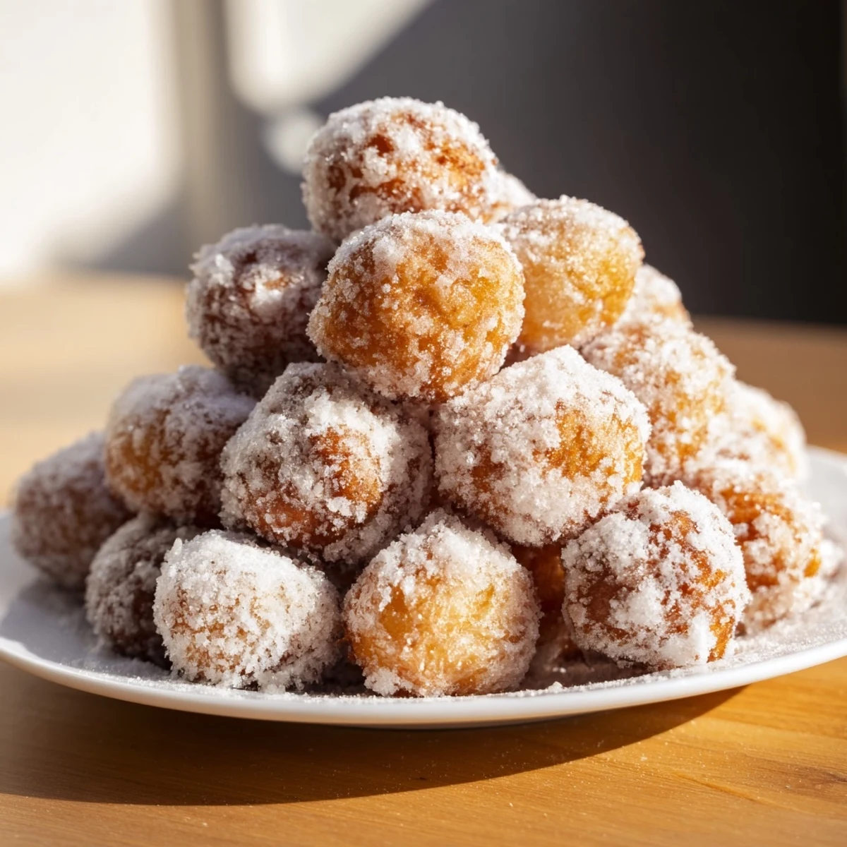 Fluffy, golden-brown Powdered Donut Holes Mountain, piled high with a sweet powdered sugar coating.