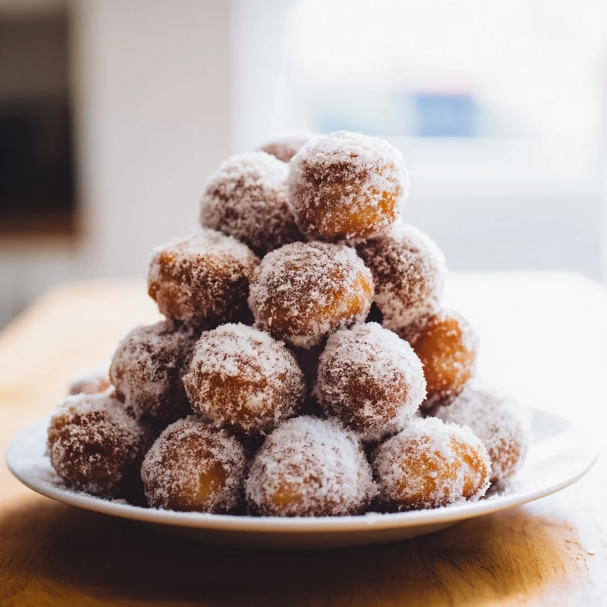 Imagine a towering Powdered Donut Holes Mountain with dipping sauces, a delicious American dessert.
